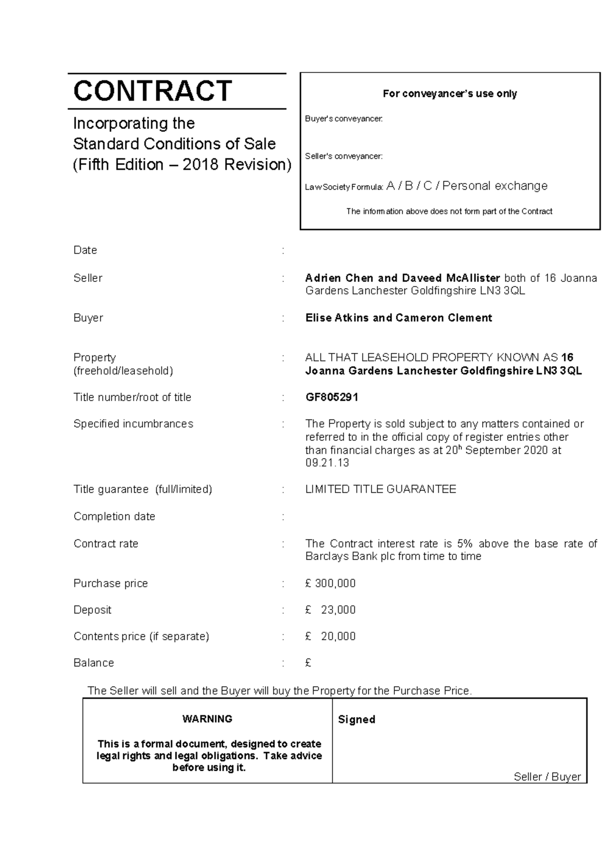 To Print - Draft Contract for Sale - CONTRACT Incorporating the ...