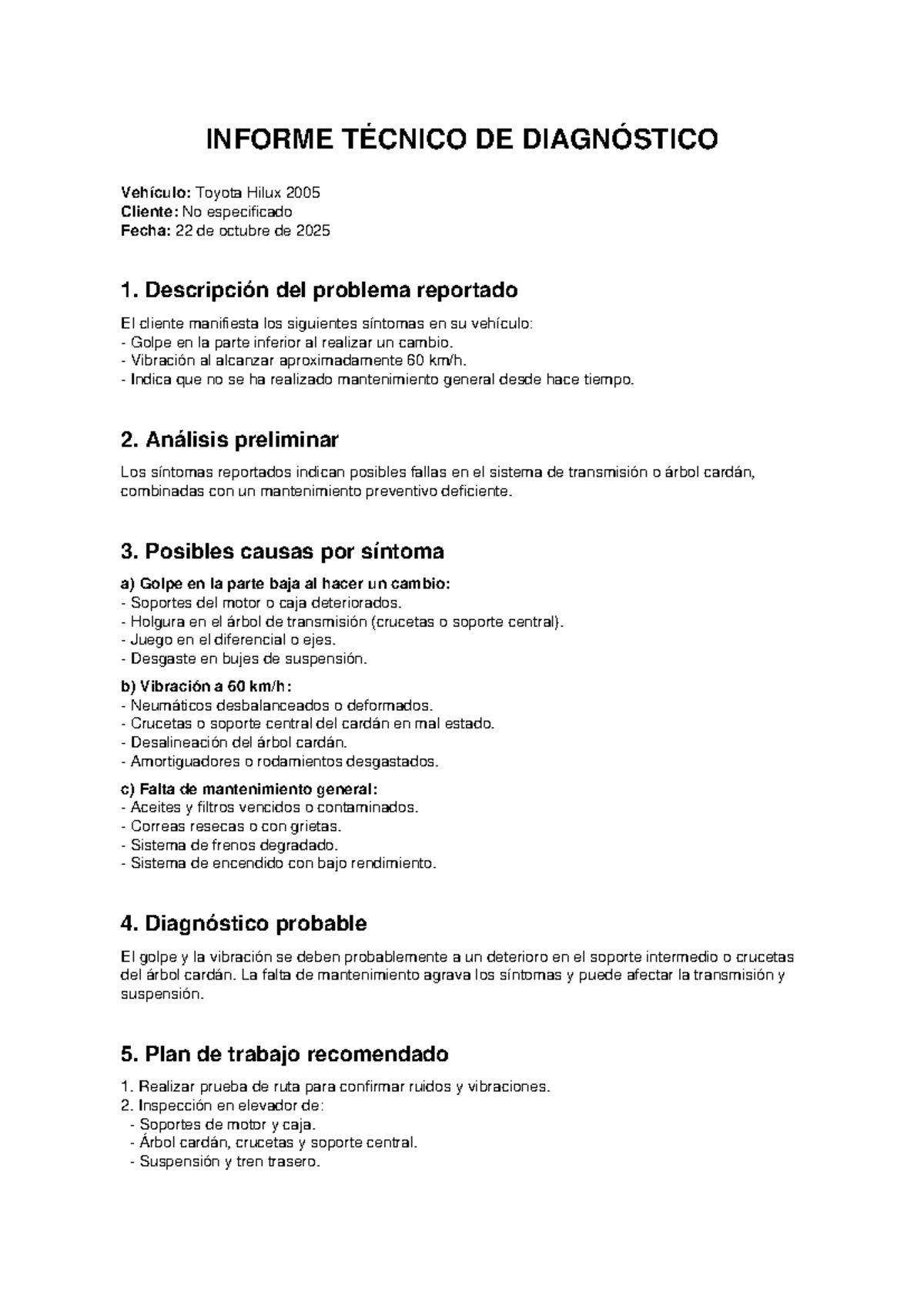 Informe Técnico de Diagnóstico: Toyota Hilux 2005 - Studocu