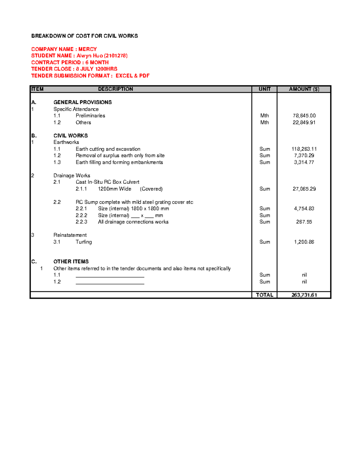 BOQ Breakdown for Drainage Tender [Course Code: CR108/DD] - Studocu