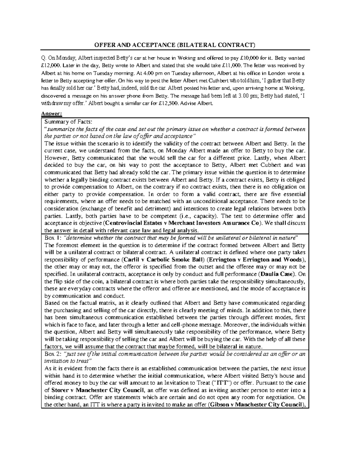 BILATERAL CONTRACT ANALYSIS: OFFER & ACCEPTANCE MODEL ANSWER - Studocu
