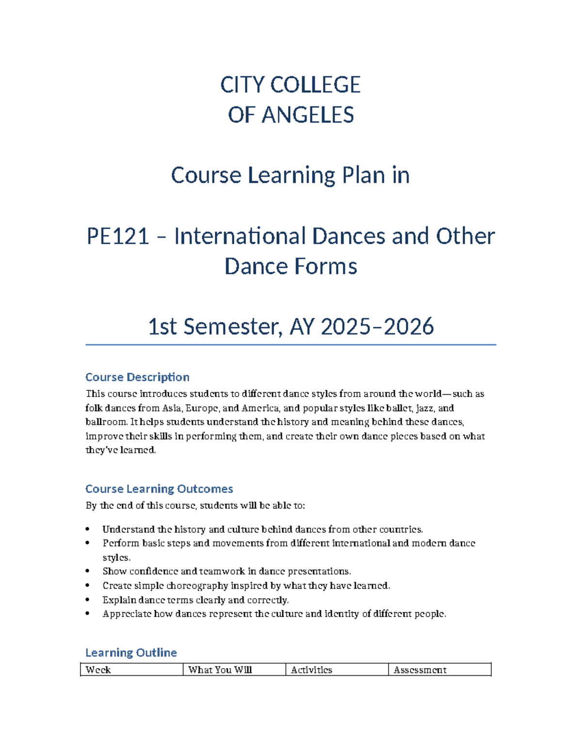 Revised Course Learning Plan for PE121: International Dances - Studocu