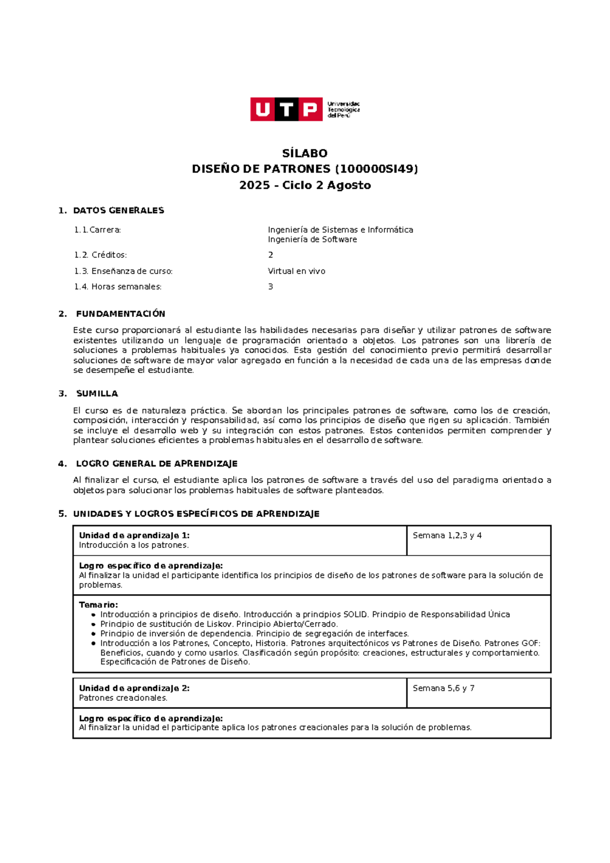 Sílabo de Diseño de Patrones - Ingeniería de Software 2025 Ciclo 2 - Document Preview