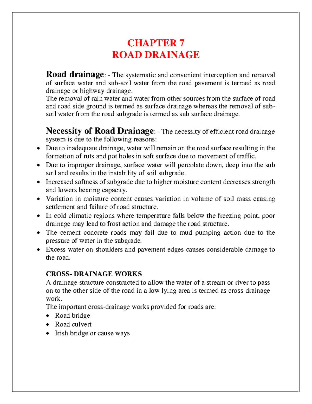 CH 7: Road Drainage Techniques in Highway Engineering (ENG 302) - Studocu