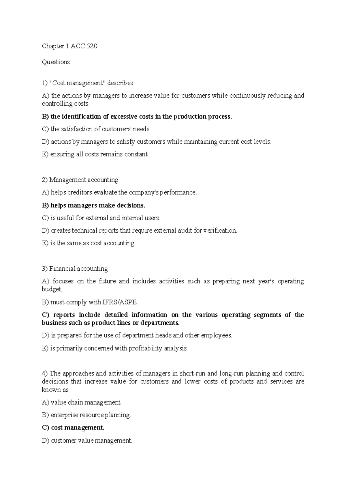 ACC 520 Chapter 1 Exercise 1 - Cost Management Concepts & Questions ...