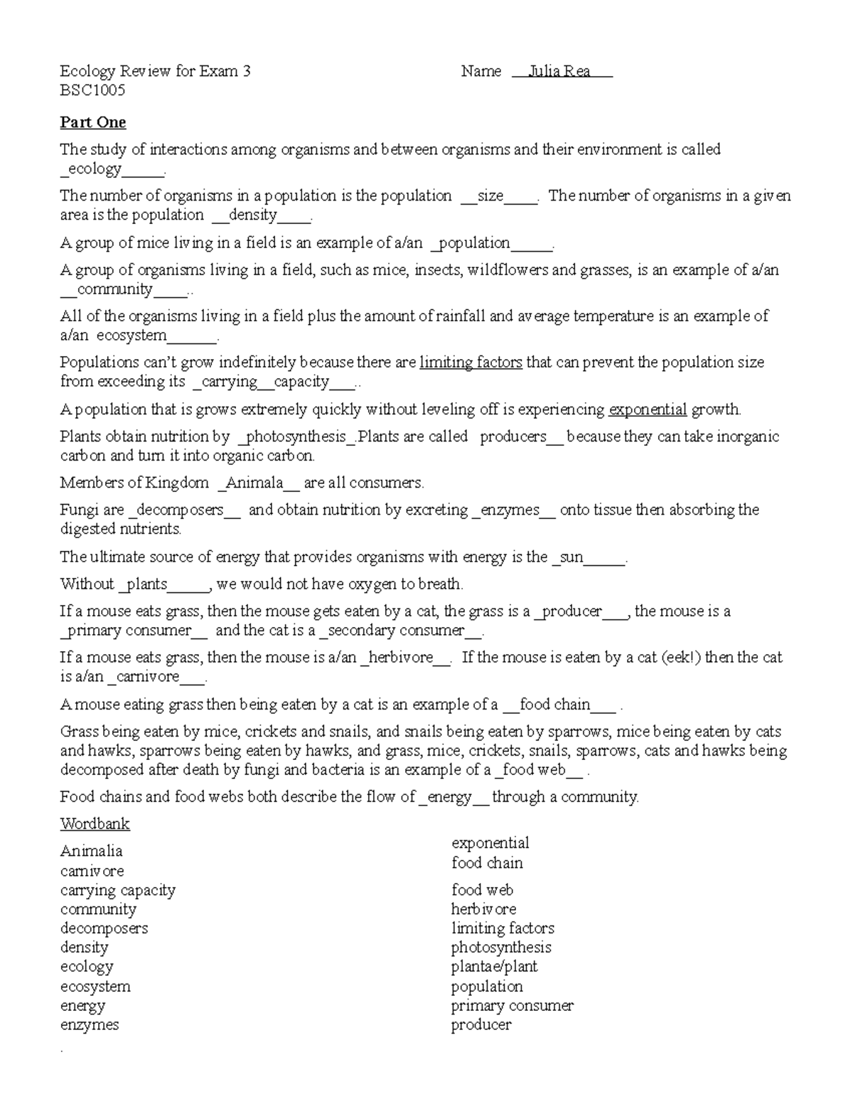 BSC Ecology Review Worksheet for Exam 3 - Key Concepts & Terms - Studocu