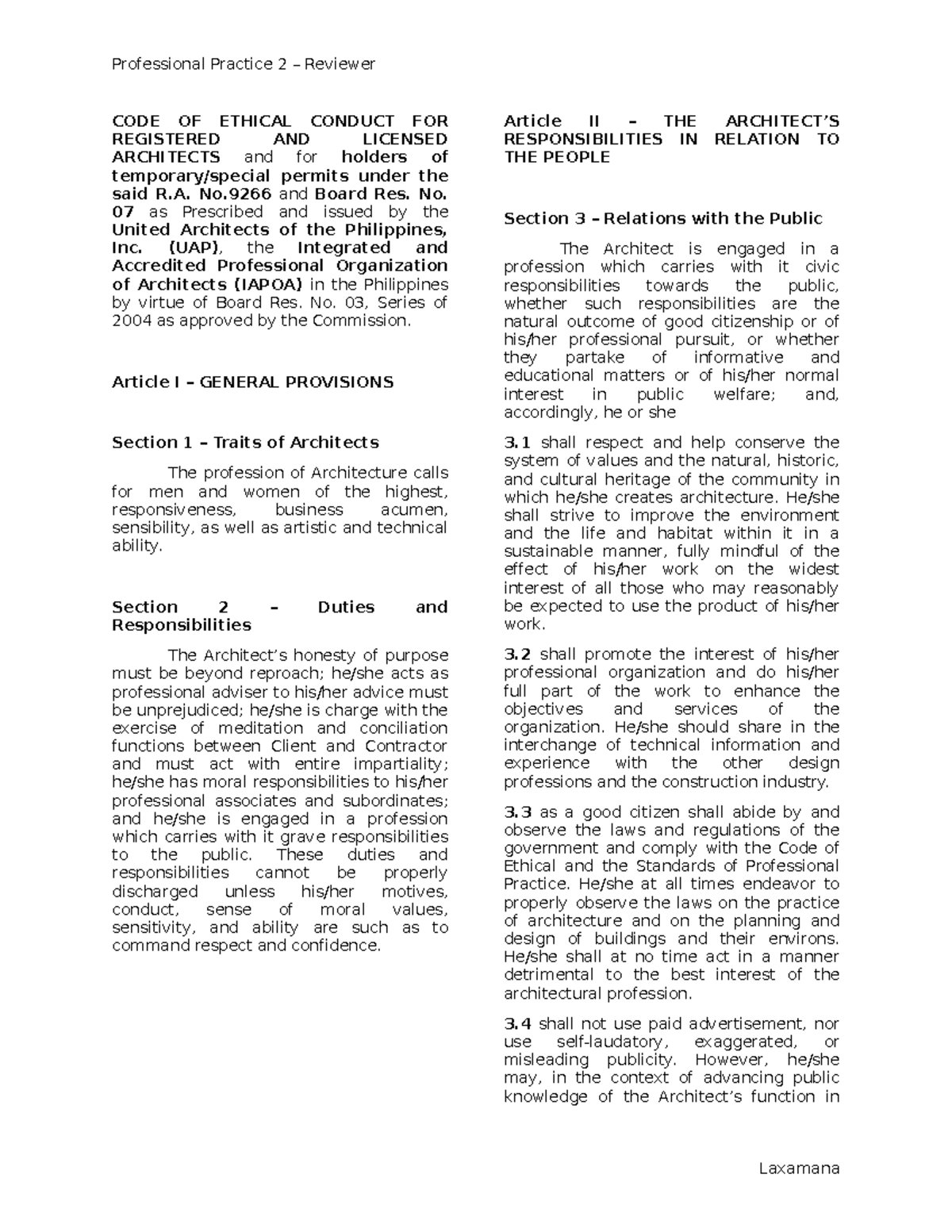 SPP 201-204B Code of Ethical Conduct for Architects Reviewer - Studocu