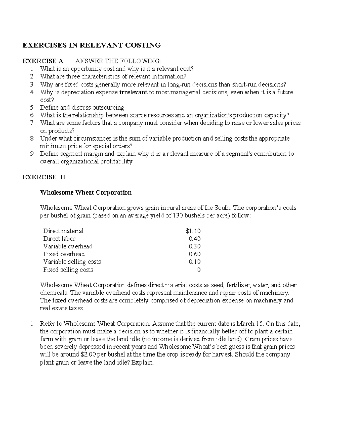 Relevant Costing Exercises: Analysis & Decision-Making (Course Code ...