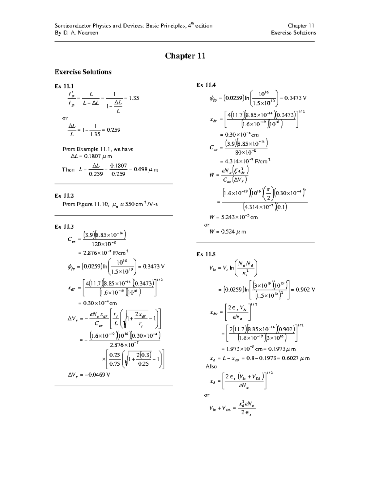 Chapter 11 Exercise Solutions for Semiconductor Physics (Course Code ...