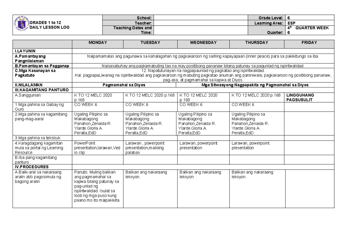 DLL G6-ESP Q4 W6: Daily Lesson Log for Grade 6 ESP Week 6 - Studocu
