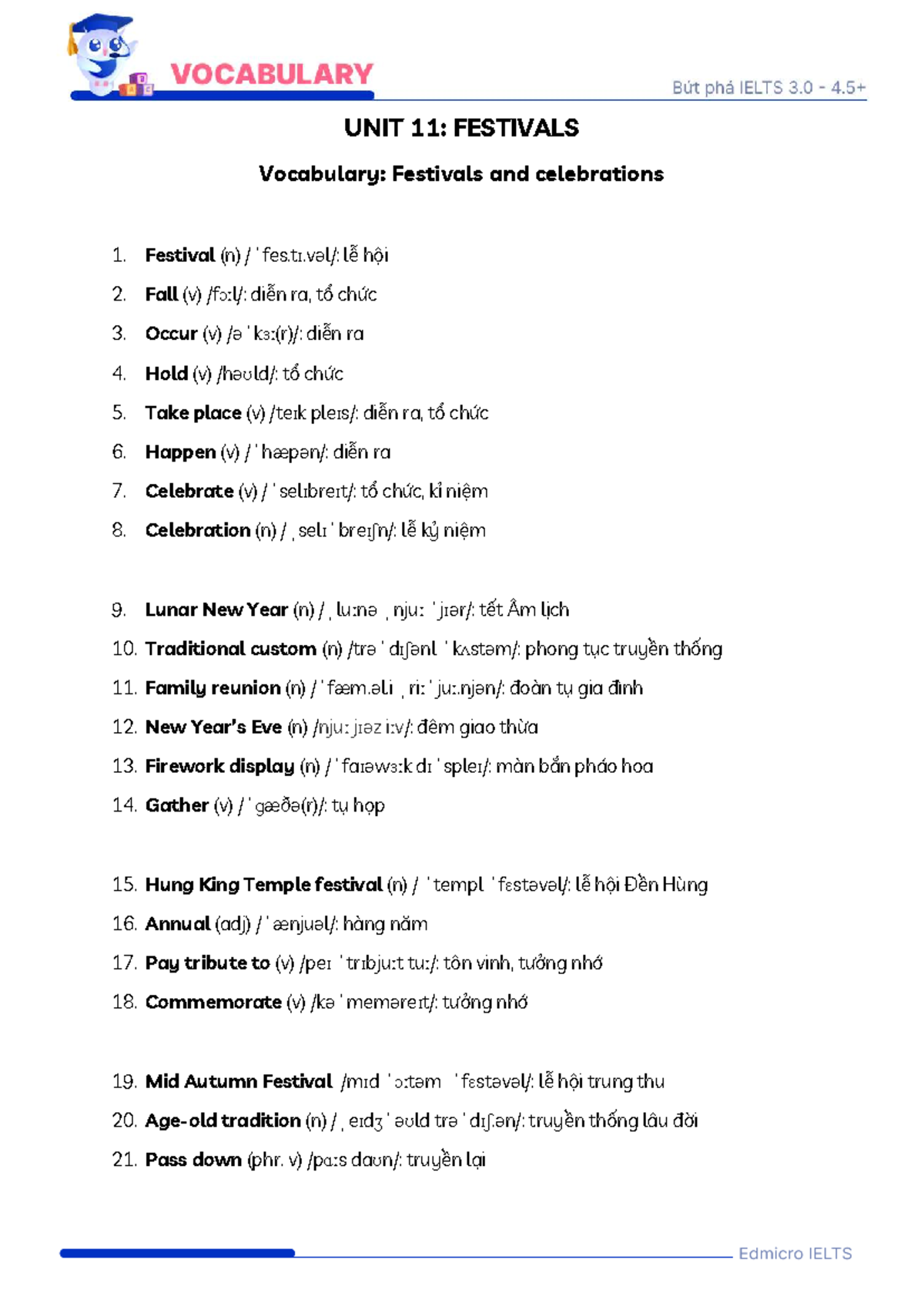 U11: Festivals Vocabulary & Speaking Strategies for IELTS - Studocu