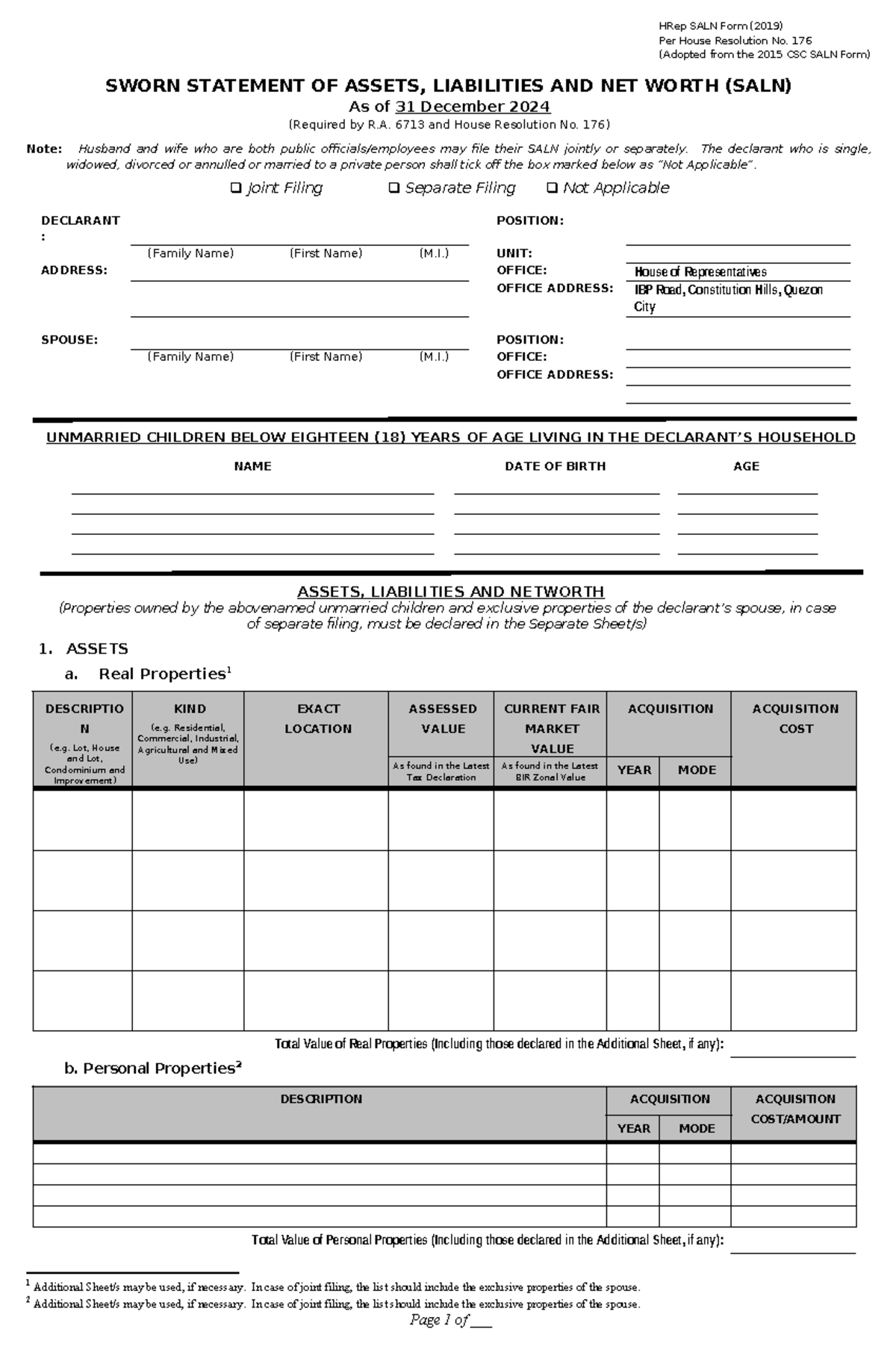 HRep SALN Form 2019: Sworn Statement of Assets & Liabilities - Studocu