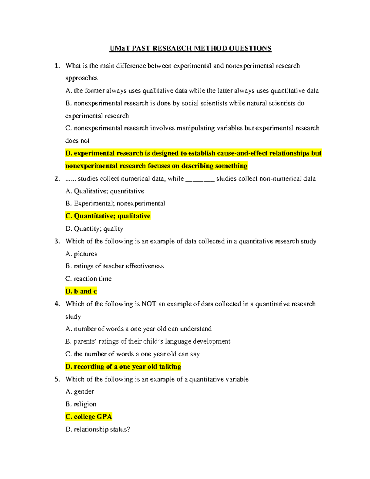 UMaT Past Research Method Questions & Answers (MCQs) - Studocu