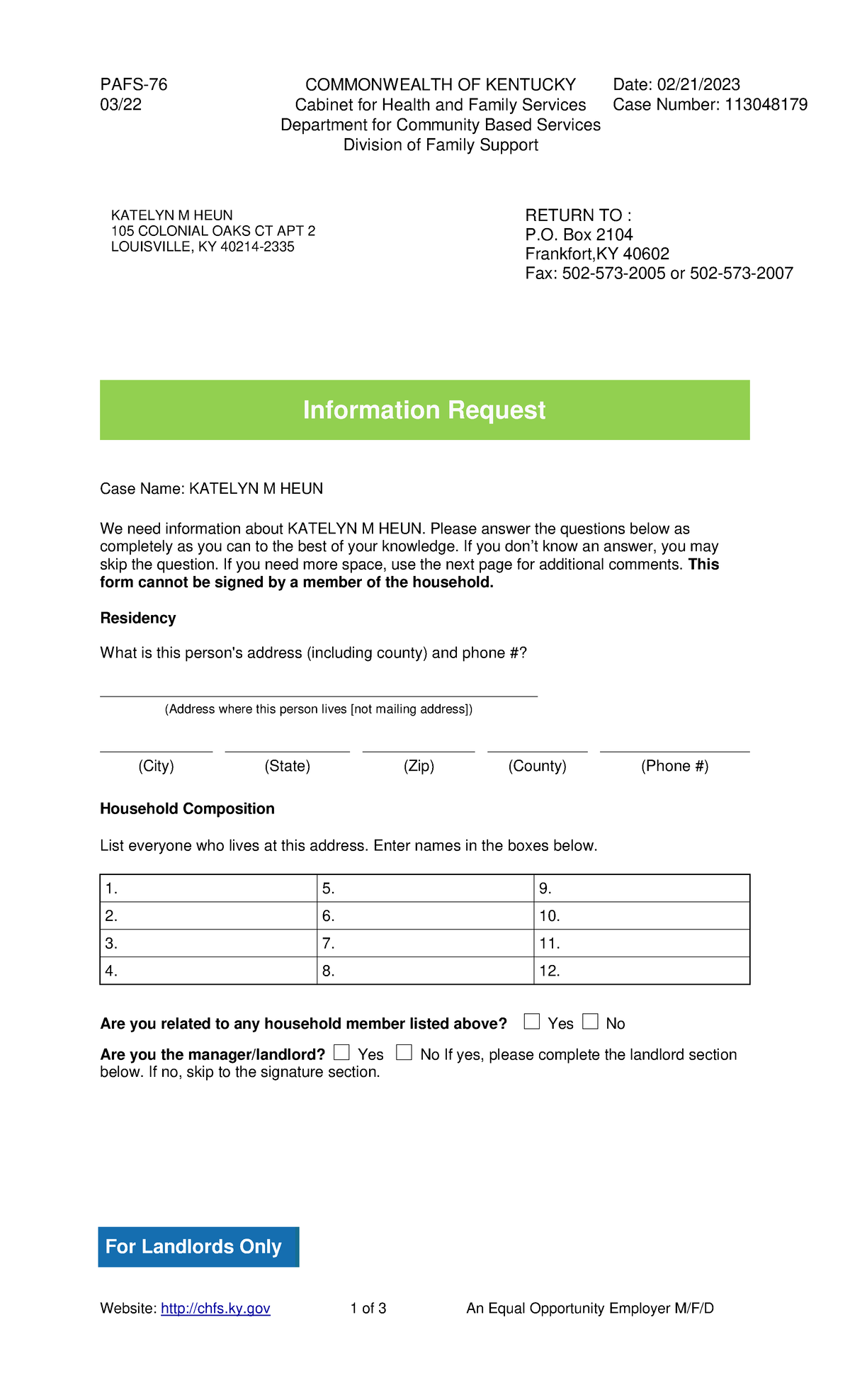 Household 1 - Writing - PAFS-76 COMMONWEALTH OF KENTUCKY Date: 02/21 ...