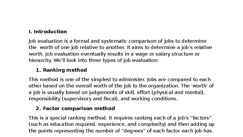EHRM - Job Evaluation Methods and Role Descriptions in Retail - Studocu