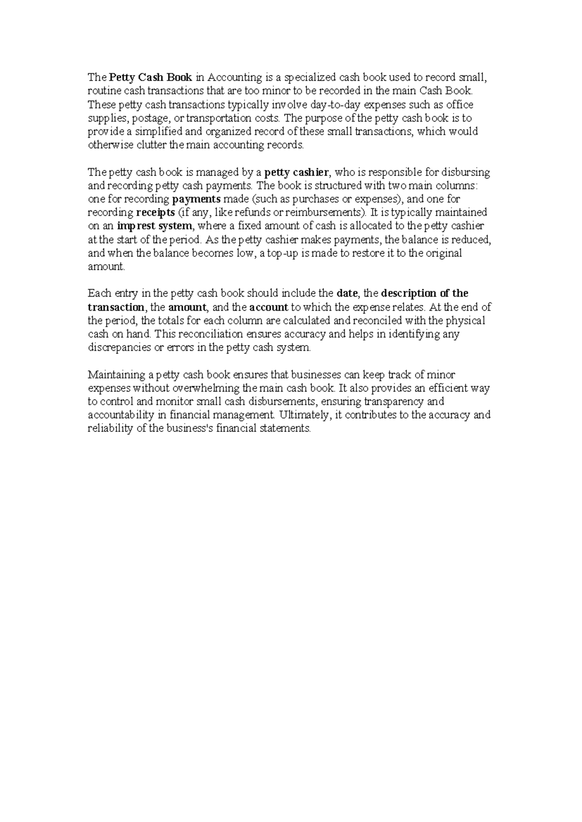 Petty Cash Book Overview: Essential Recording for Minor Transactions -  Studocu