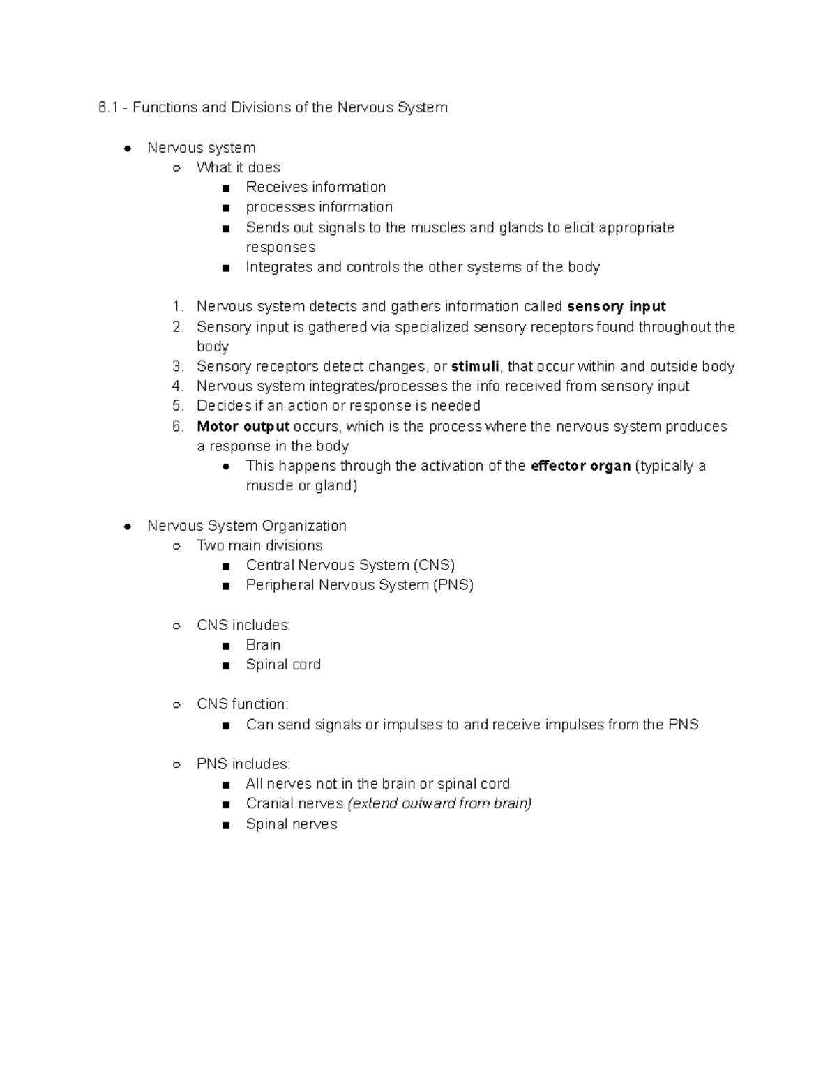 6.1 - Functions and Divisions of the Nervous System - Studocu