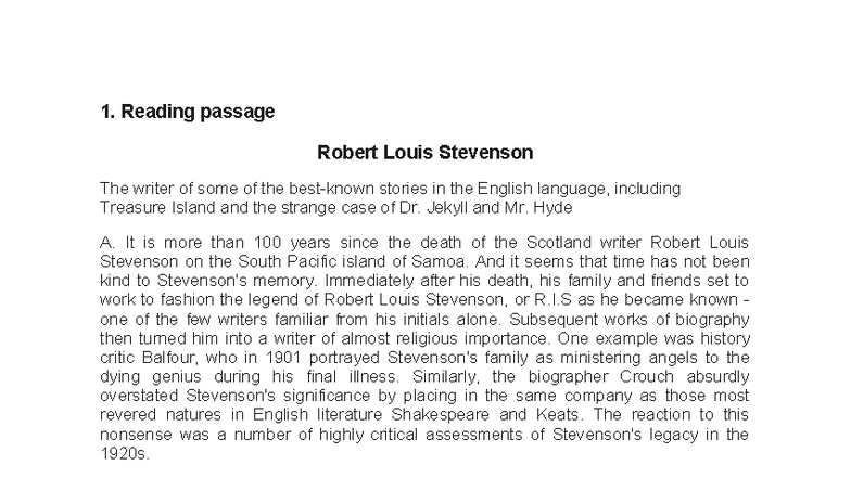 Reading Passage: Robert Louis Stevenson and Language Preservation (ENG ...
