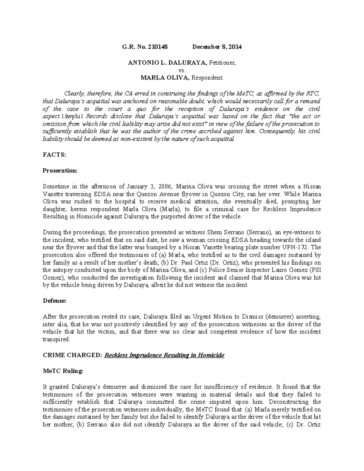 G.R. No. 210148: Civil Liability in Reckless Imprudence Case - Studocu