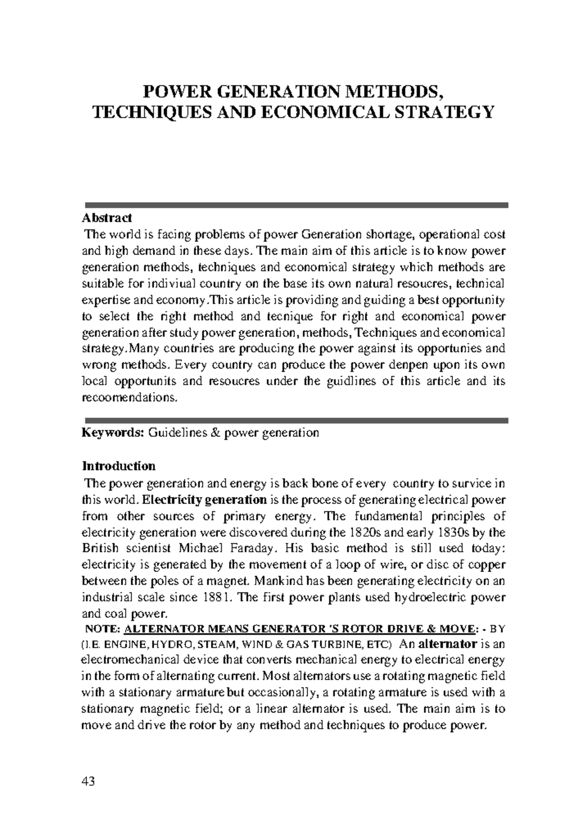 POWER GENERATION METHODS, TECHNIQUES AND ECONOMICAL STRATEGY - POWER ...