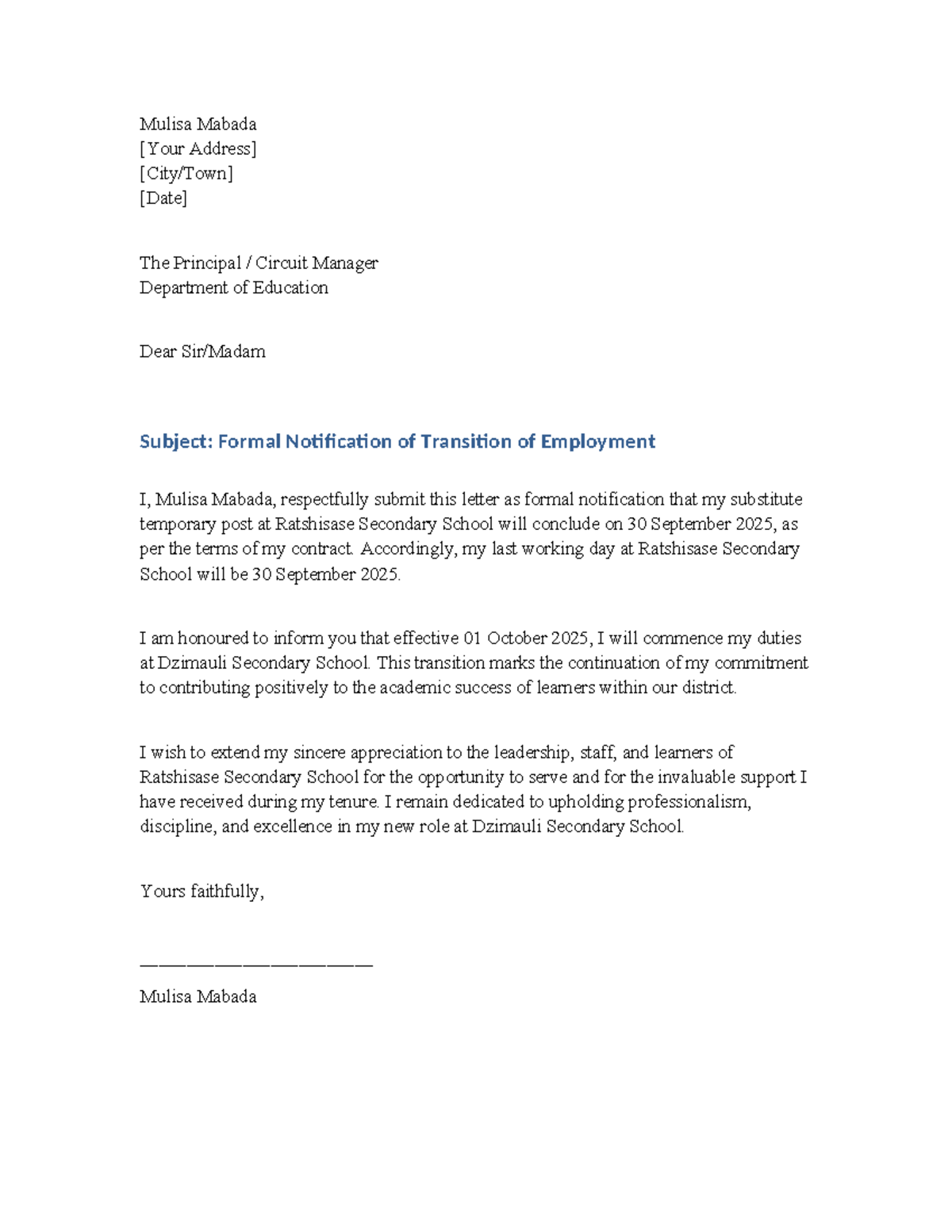 Formal Employment Transition Notification Letter - Studocu