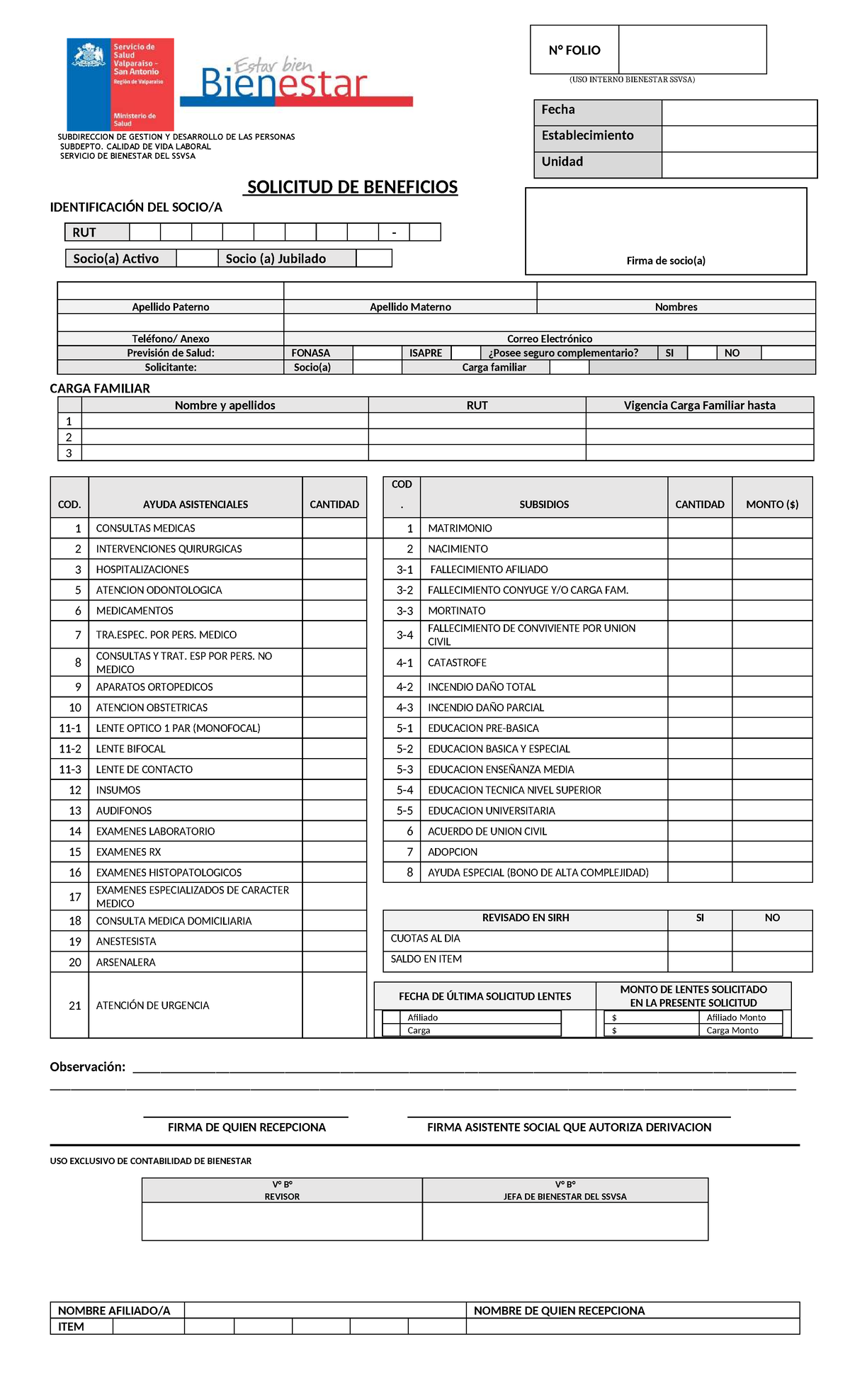 Formulario de Solicitud de Beneficios SSVSA - Uso Interno - Studocu