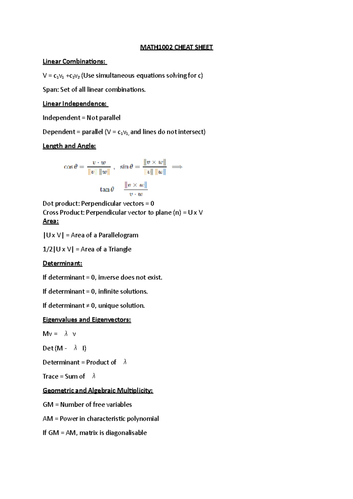 MATH1002 Final Cheat Sheet: Linear Algebra Concepts Explained - Studocu