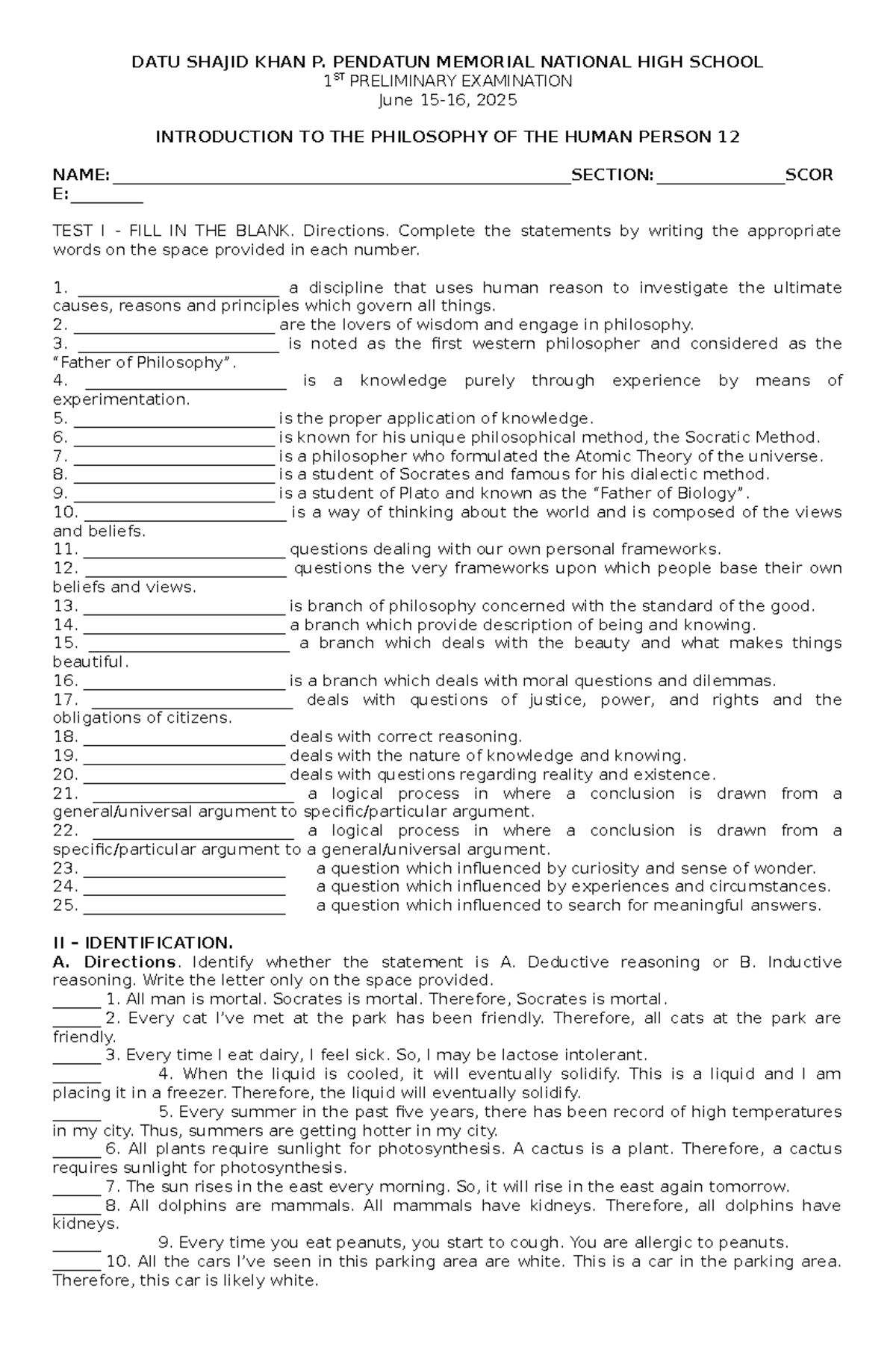 Philo 12 1ST Preliminary Exam Fill-in-the-Blank & Identification - Studocu