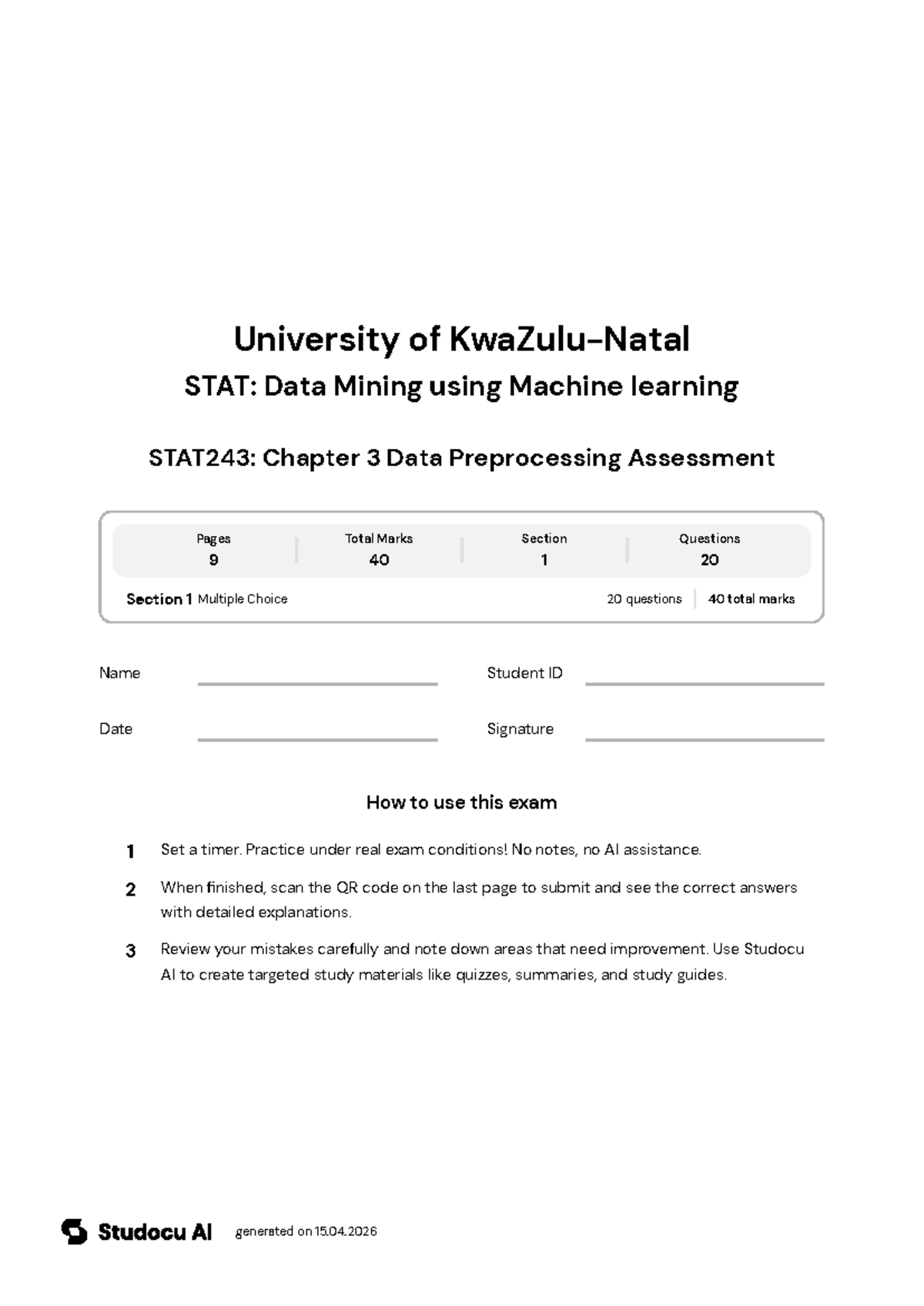 STAT243: Chapter 3 Data Preprocessing Assessment Exam - Studocu