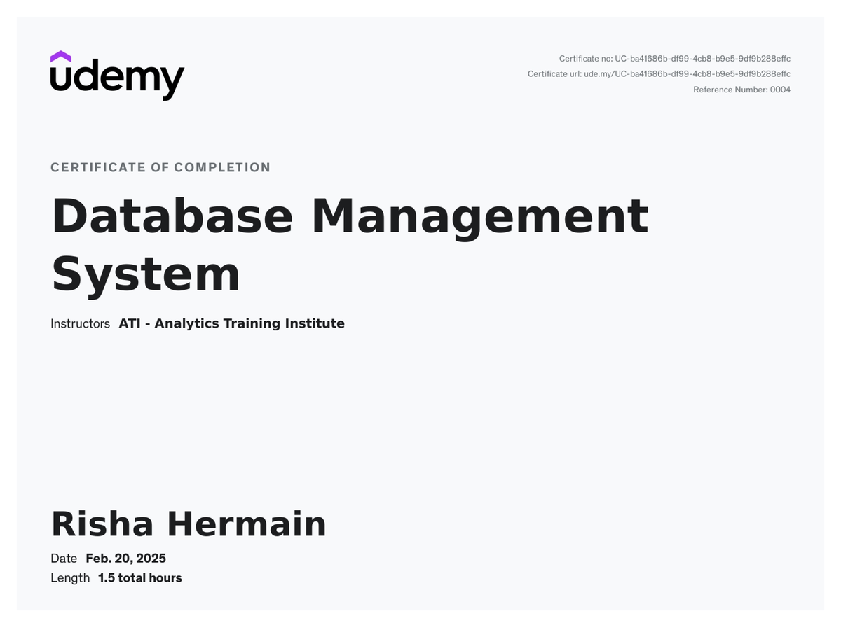Certificate of Completion: Database Management System - ATI Training ...