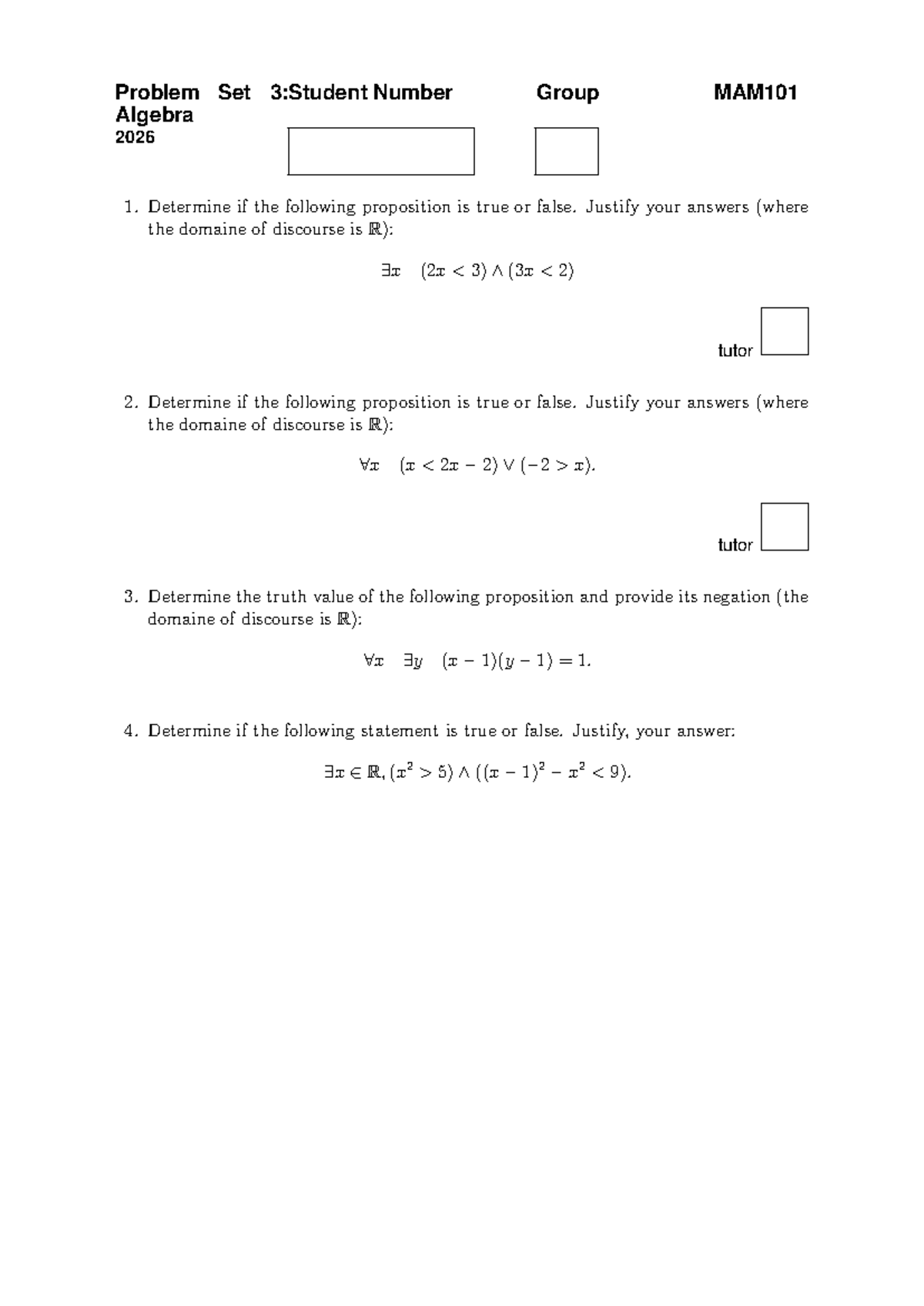 Problem Set 3: MAM101 Algebra Truth Values & Justifications - Studocu