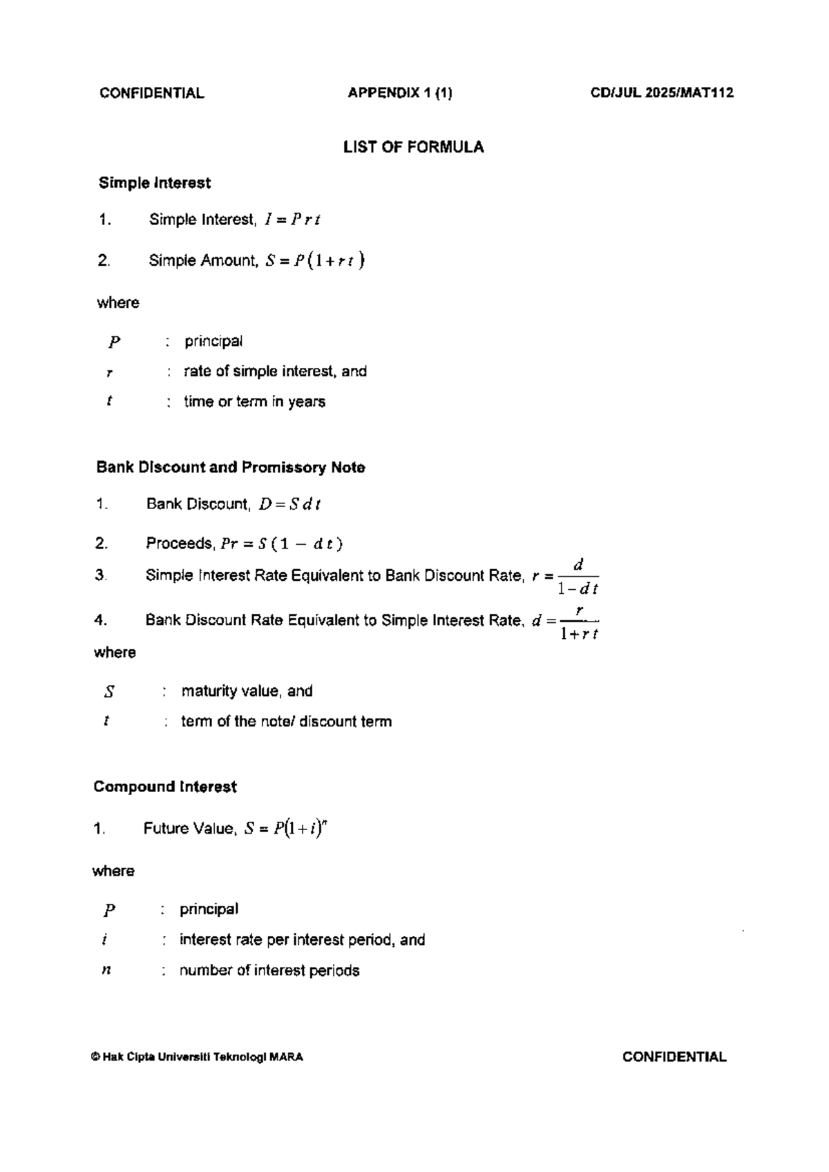 MAT112 Final Exam Appendix: List of Key Financial Formulas - Studocu