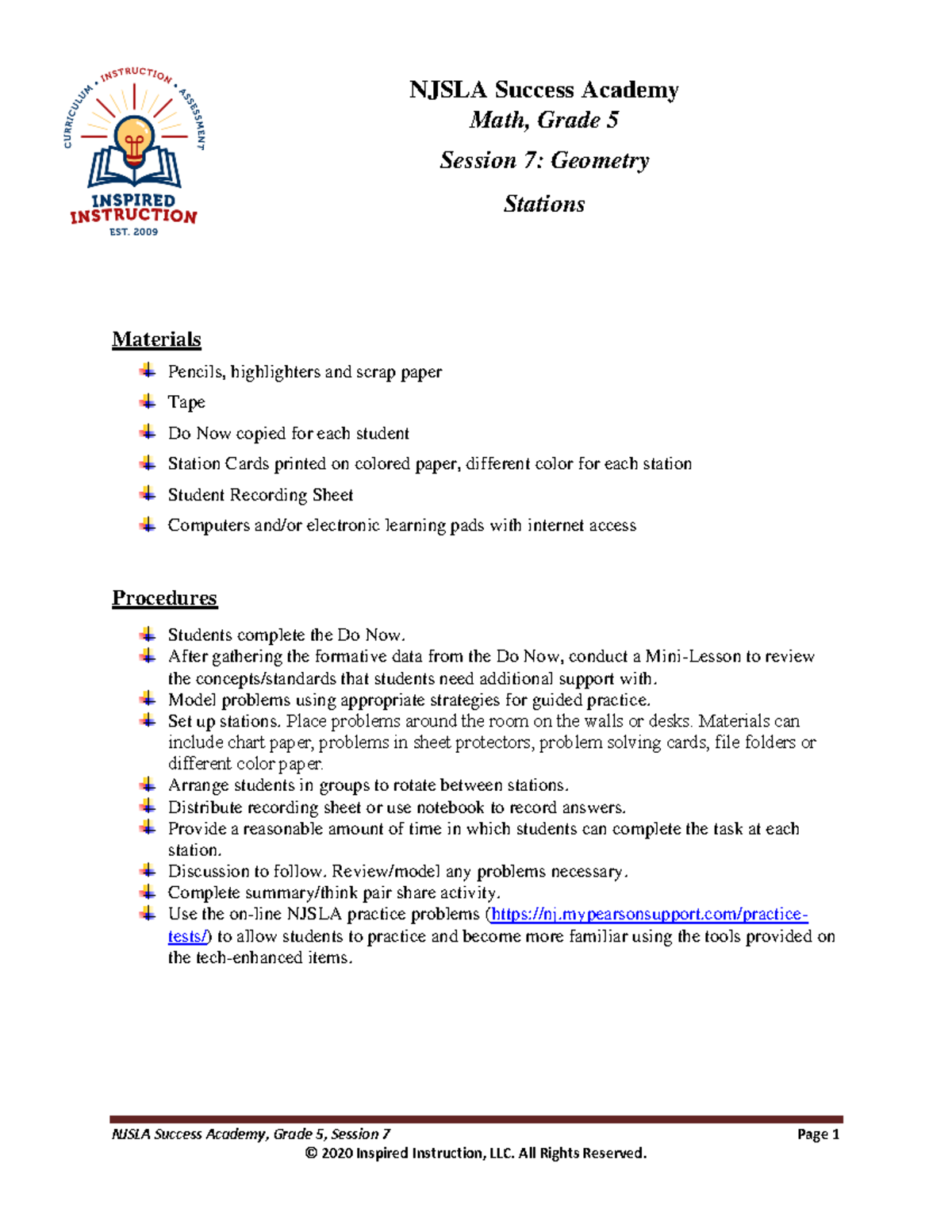 NJSLA Success Academy - Grade 5 Math Session 7: Geometry Stations - Studocu