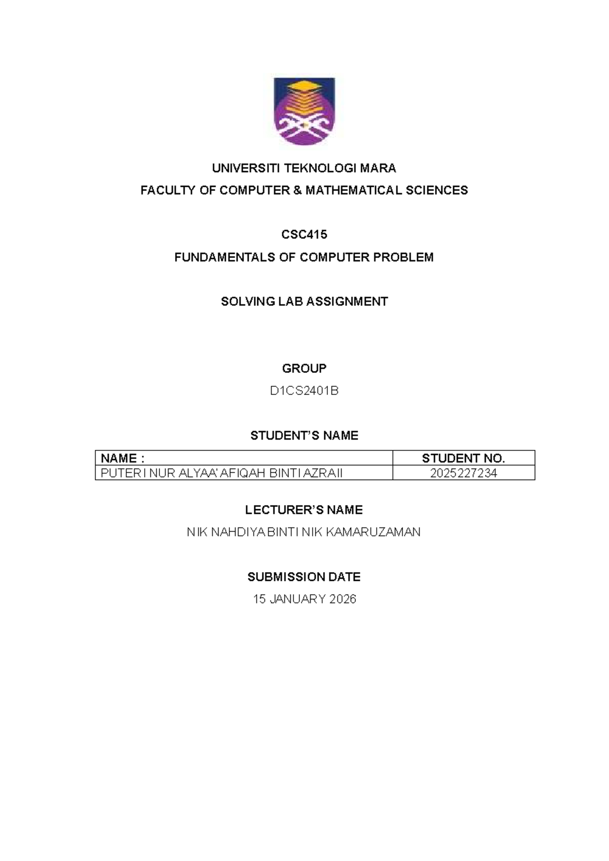 Lab assignment csc415 Puteri - Fundamentals of Computer Problem Solving ...