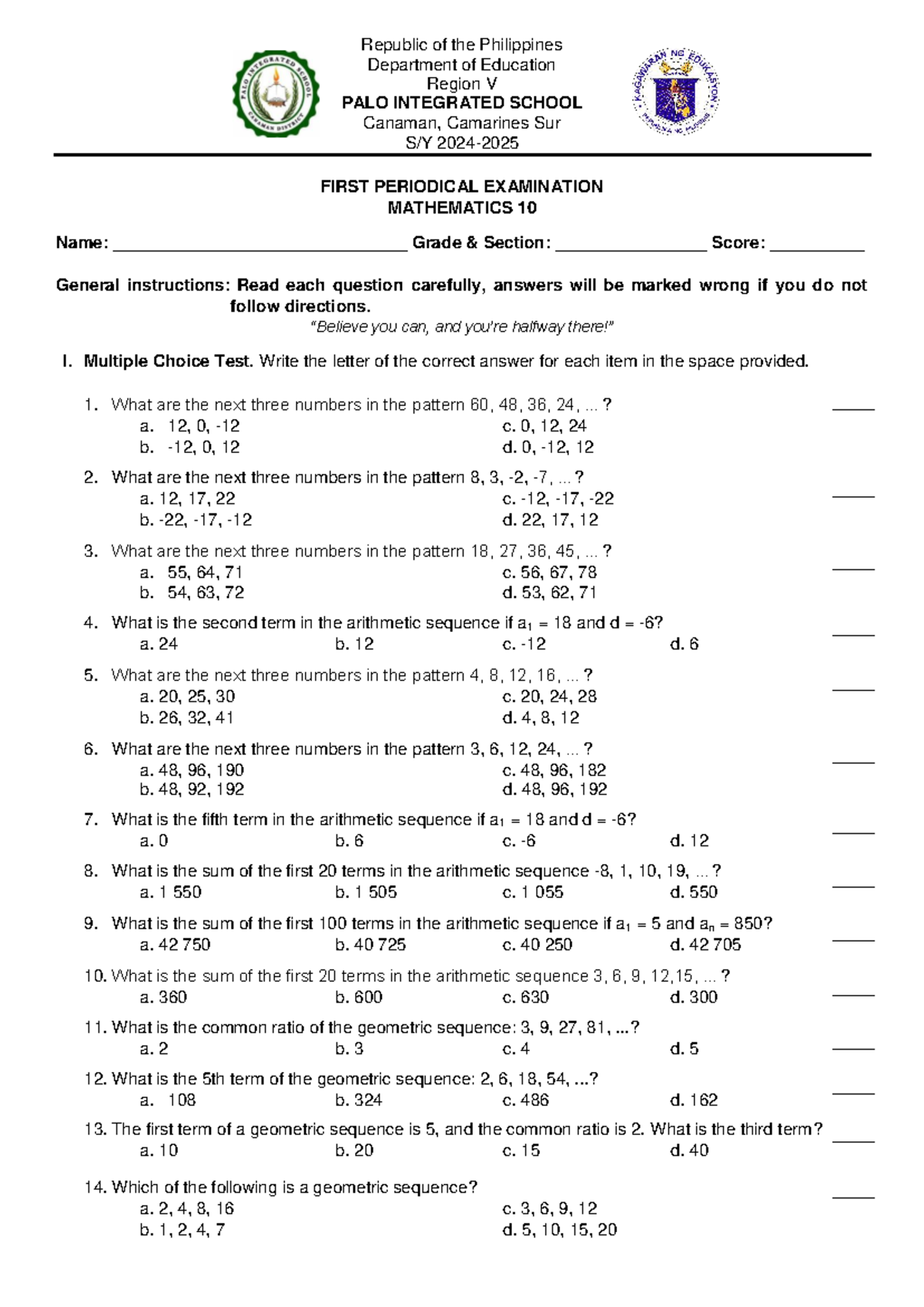 Mathematics 10 - 1st Periodical Exam Review - Studocu