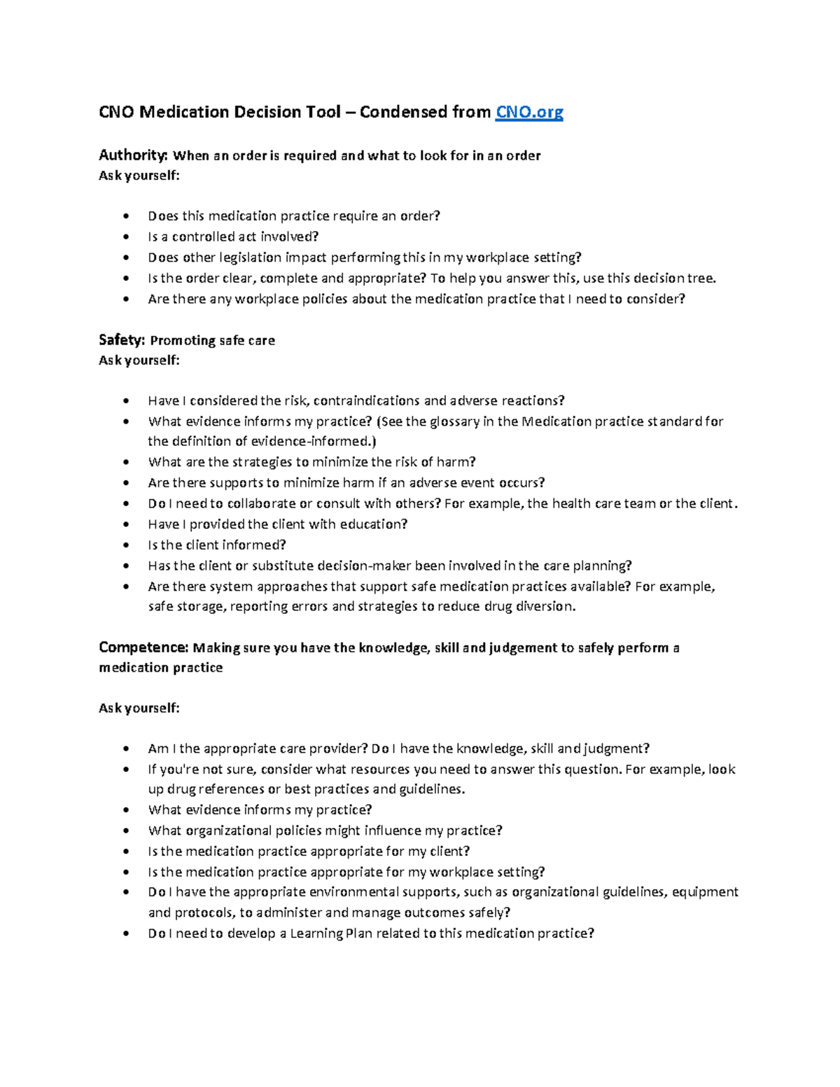 CNO Medication Decision Tool: 10 Rights of Medication Administration ...