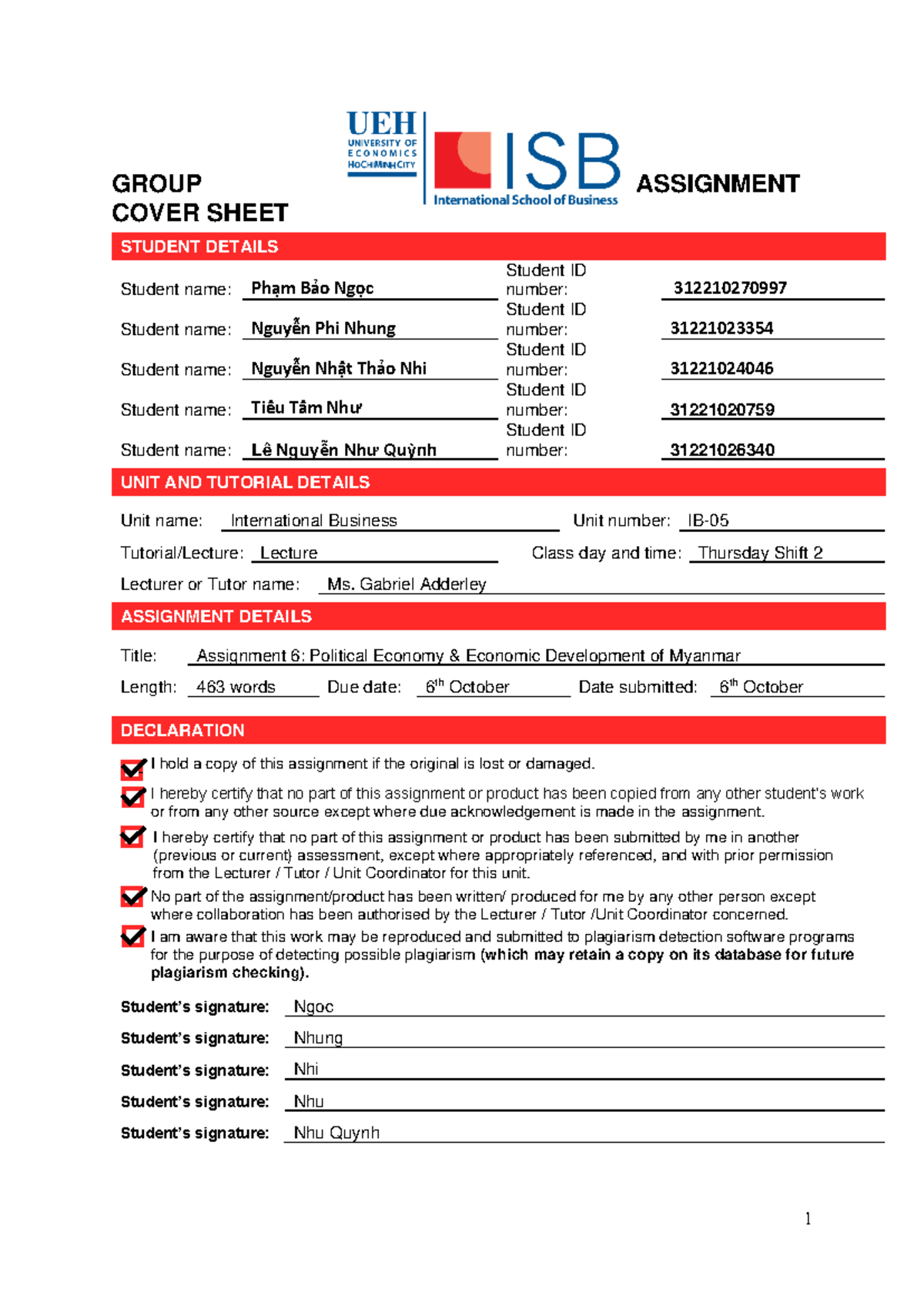 IB05 - Myanmar - GROUP ASSIGNMENT COVER SHEET STUDENT DETAILS Student ...