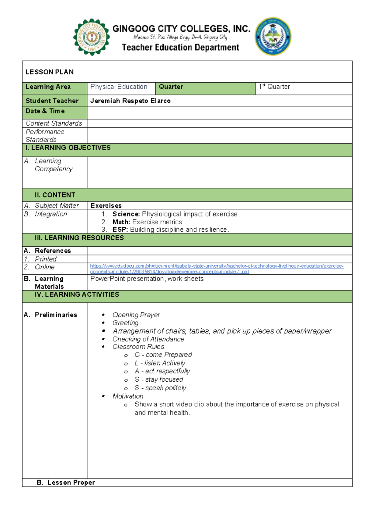 Final Lesson Plan for PE 1st Quarter by Jeremiah Elarco - Studocu