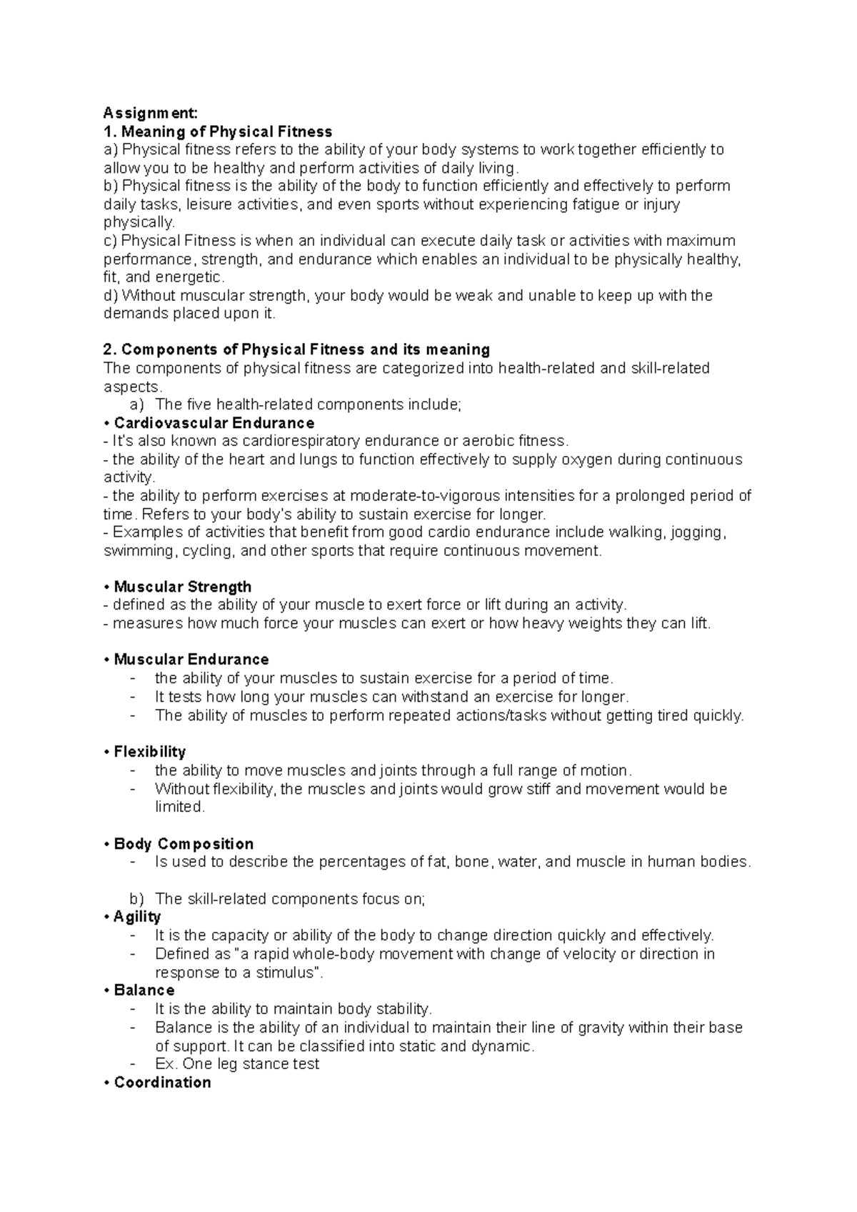Pathfit - Assignment 1: Understanding Physical Fitness Components - Studocu