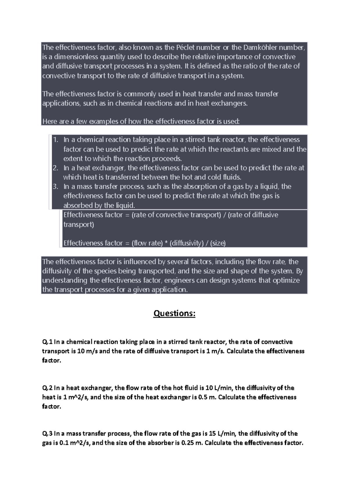 Effectiveness Factor Notes: Applications in Heat and Mass Transfer ...