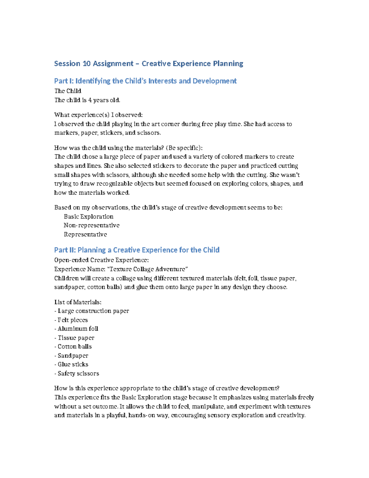Session 10 Assignment: Creative Experience Planning for Child ...