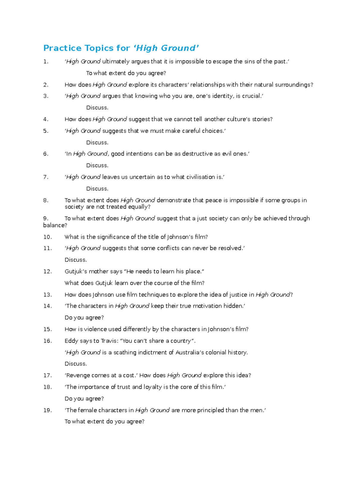 High Ground Essay Practice Topics - Critical Analysis Discussion - Studocu