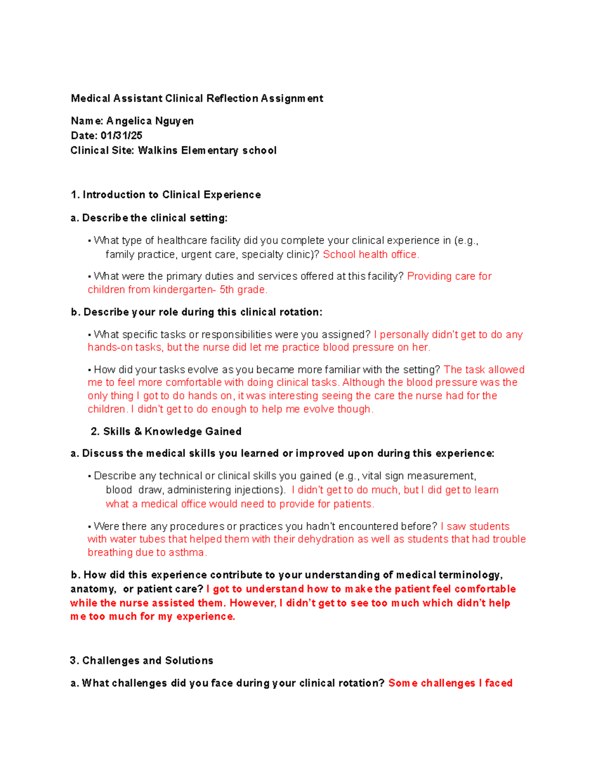Medical Assistant Clinical Reflection: Walkins School Experience - Studocu