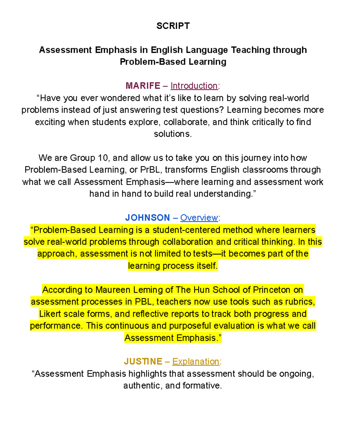 SCRIPT Assessment Emphasis in PBL for English Teaching - Studocu