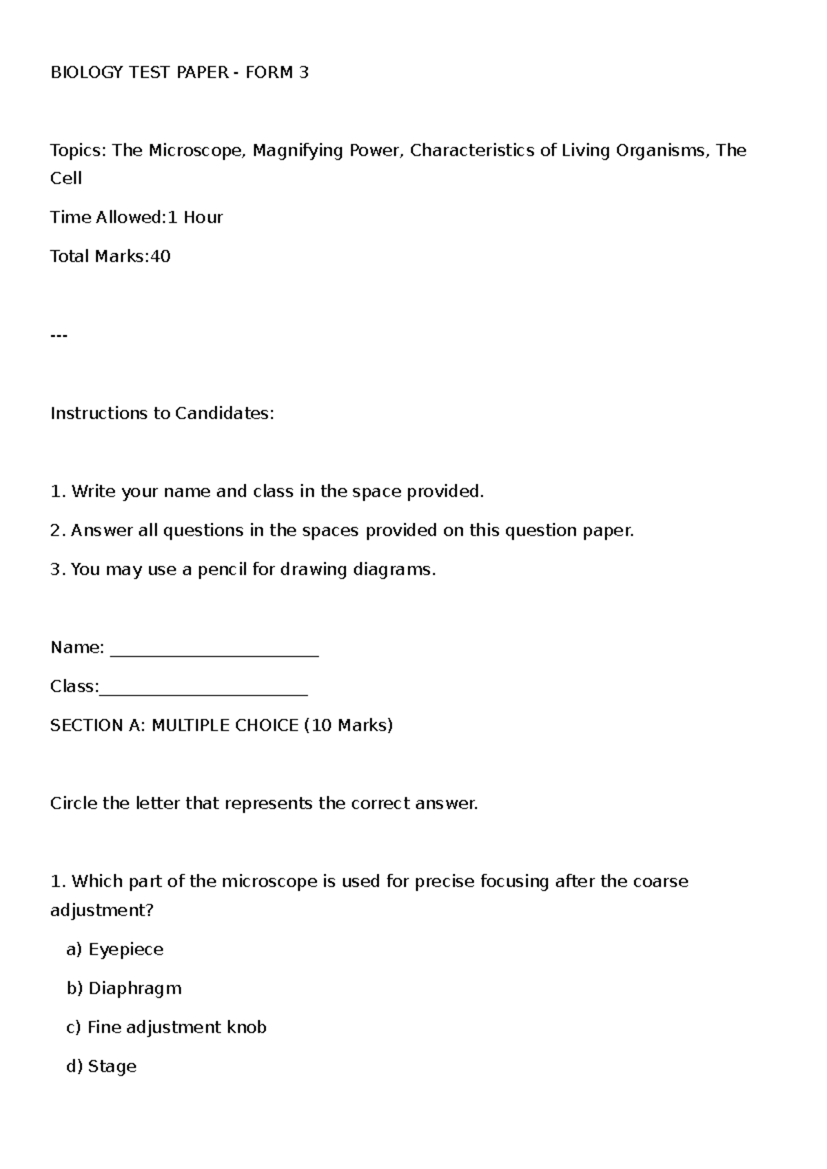 F3 Biology Test Paper: Microscope & Cell Characteristics - Studocu
