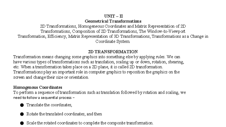 UNIT II: 2D Transformations, Homogeneous Coordinates & Matrix ...