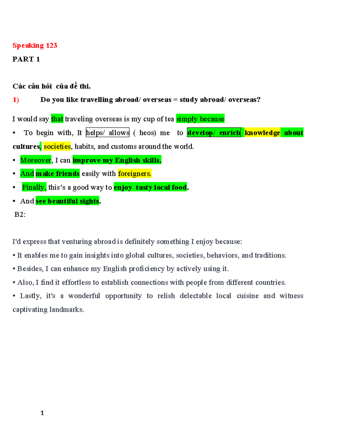 Speaking 123 - Part 1: Exam Questions and Responses on Travel, English ...