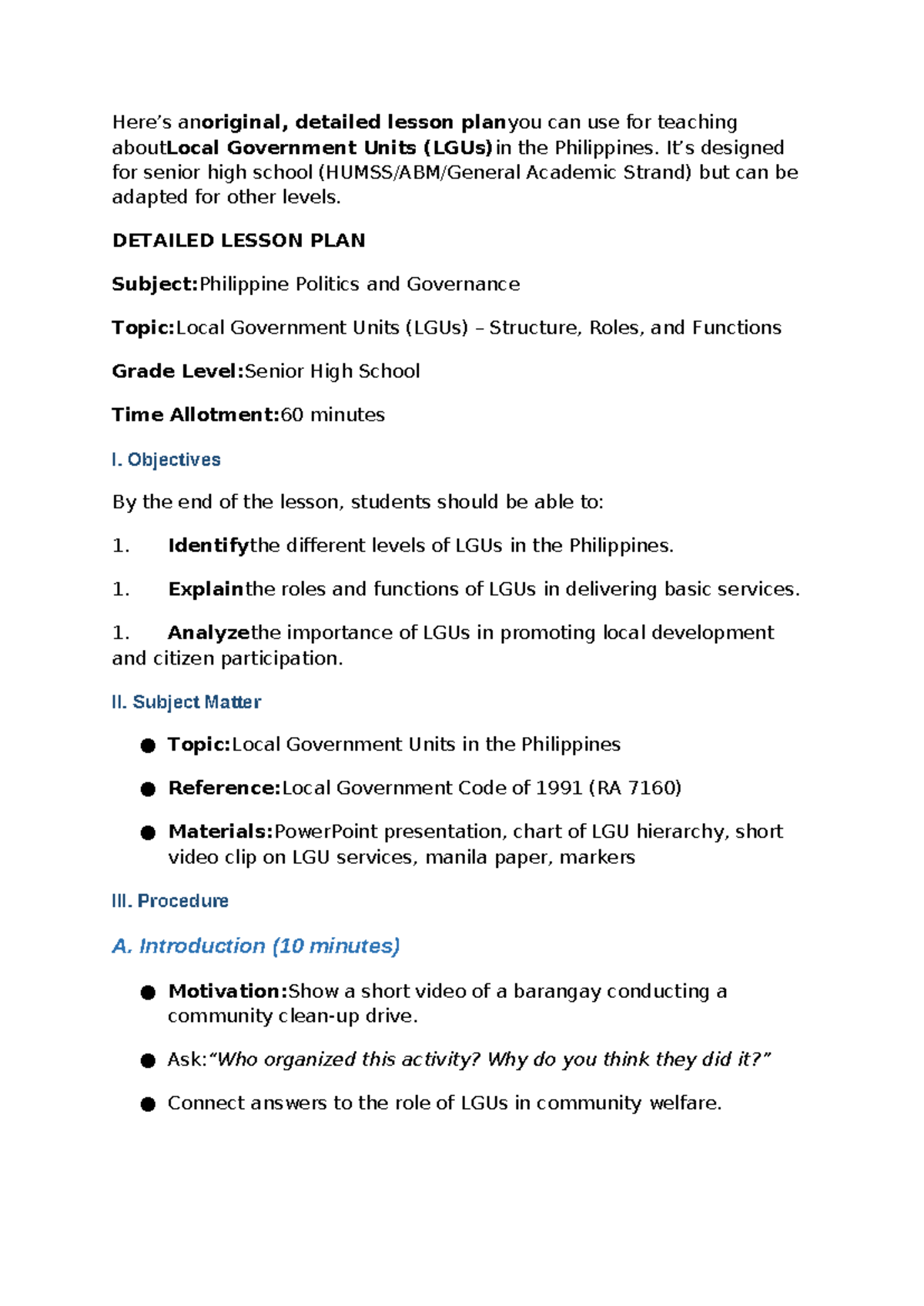 Detailed Lesson Plan on Local Government Units (LGUs) for SHS - Studocu