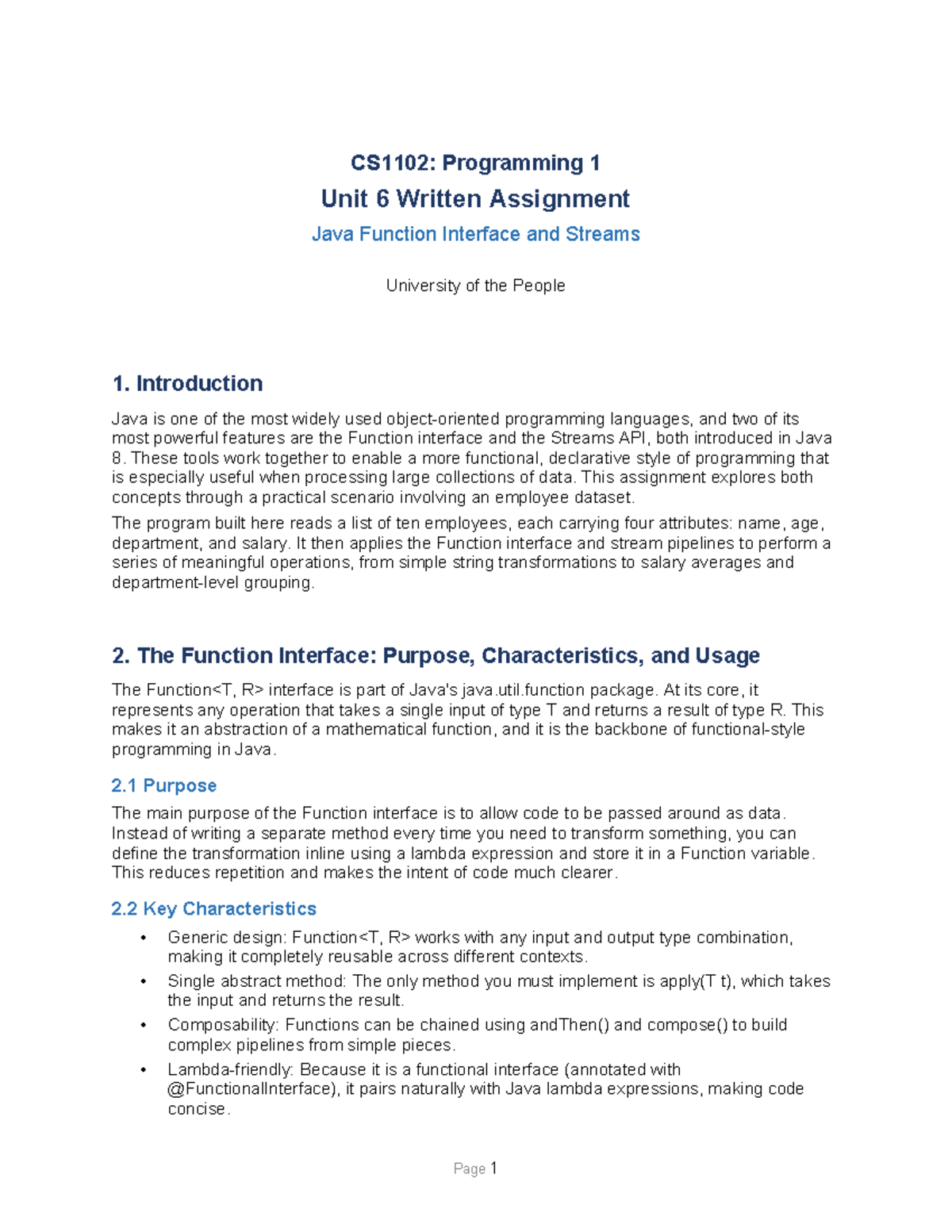 CS1102: Unit 6 Written Assignment on Java Functions & Streams - Studocu