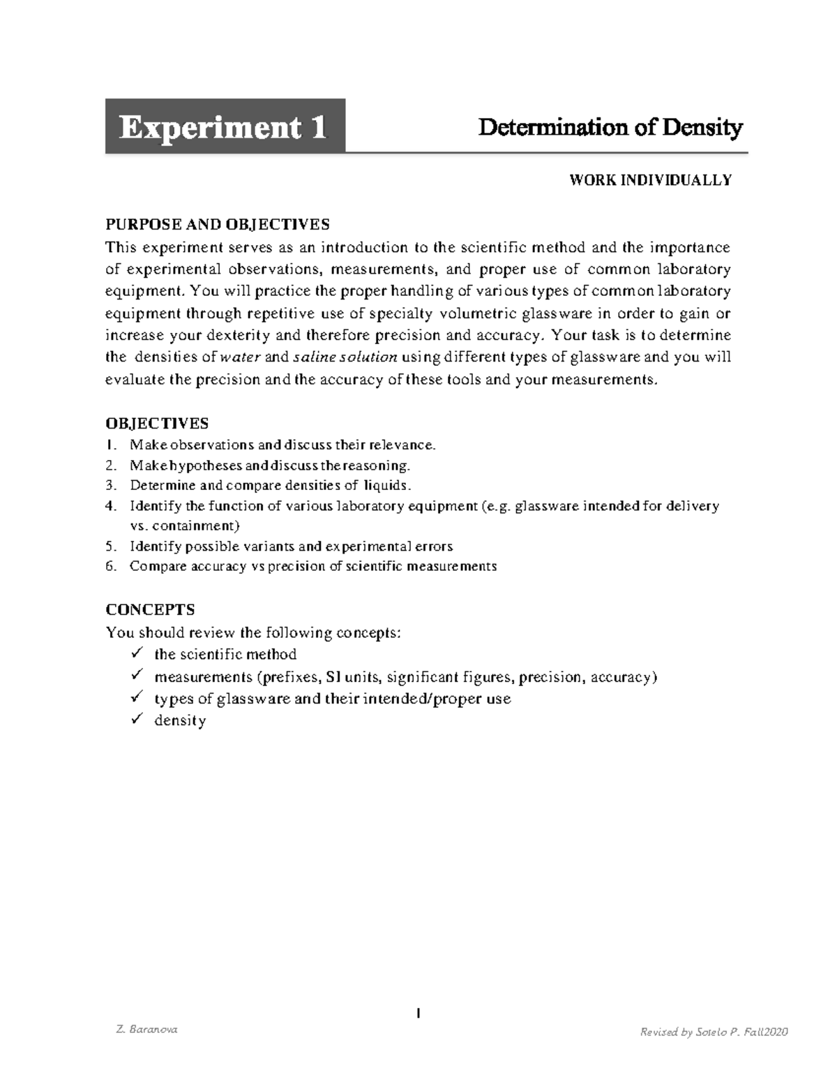 Experiment PDF - Determination of Density - 1 Z. Baranova WORK ...
