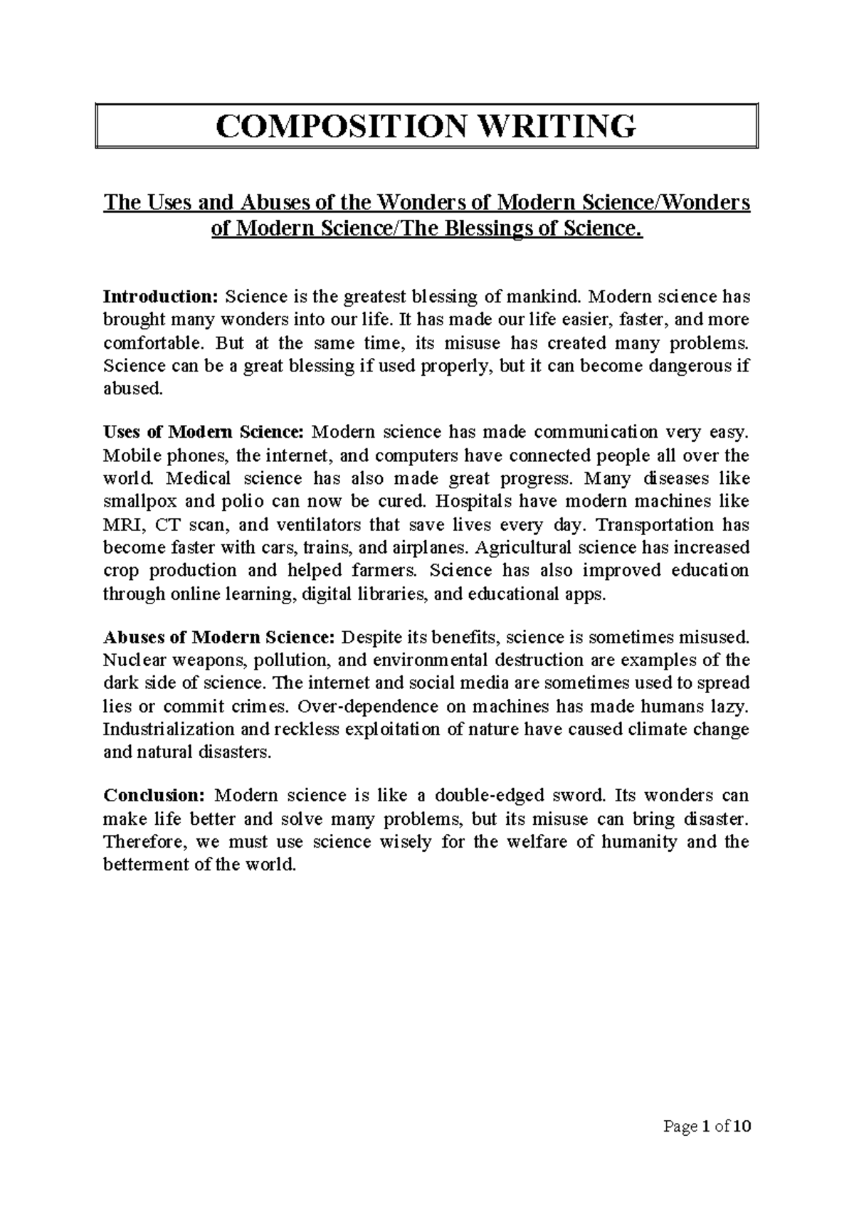 COMPOSITION WRITING: The Blessings and Abuses of Modern Science - Studocu